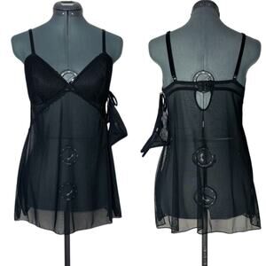 NWT Flora Black babydoll set lingerie women's medium black sheer chemise & thong